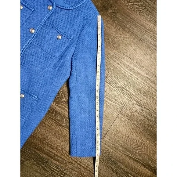 Talbots Tweed Topper Coat Braided Trim Patch Pockets In Blue 4 Petite - Picture 11 of 13